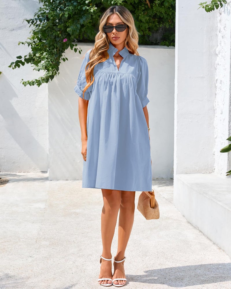 YEXPINE Women's Ruffle Collar High Neck Mini Dress Puff Short Sleeve Cotton Babydoll Peplum Dresses with Pockets Blue - Image 2