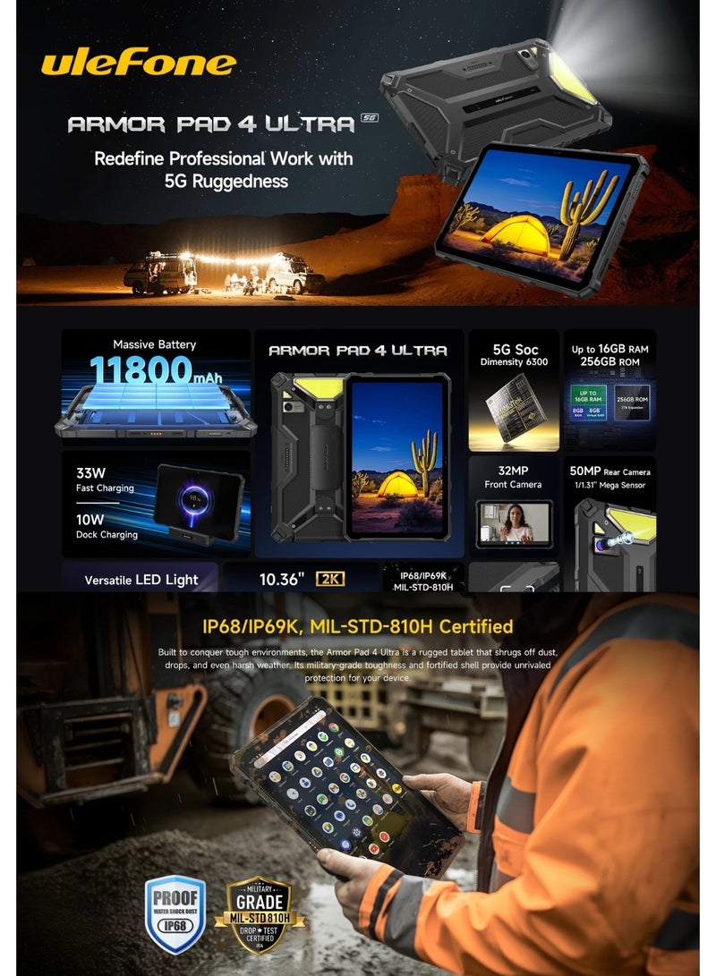 أوليفون Ulefone Armor Pad 4 Ultra 5G Rugged Tablet | 10.36" FHD+ Display | MediaTek Dimensity 6300 | 8GB RAM + 256GB ROM | 11800mAh Battery | 50MP Camera | 32MP Front | IP68/IP69K | Android Tablet - Image 2