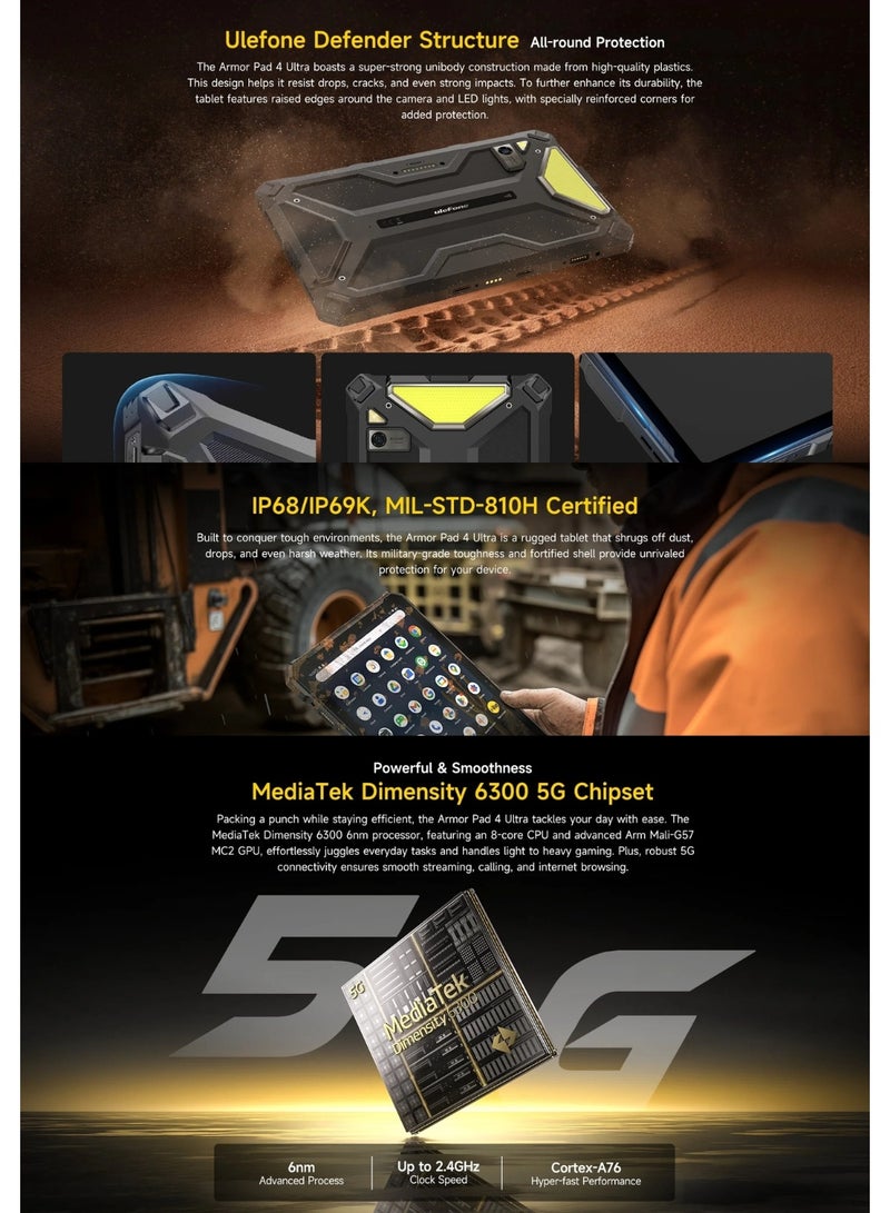 أوليفون Ulefone Armor Pad 4 Ultra 5G Rugged Tablet | 10.36" FHD+ Display | MediaTek Dimensity 6300 | 8GB RAM + 256GB ROM | 11800mAh Battery | 50MP Camera | 32MP Front | IP68/IP69K | Android Tablet - Image 3
