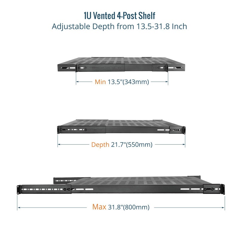 Tecmojo 1U 4-Post Vented Server Rack Mount Shelf,21.7in Deep with Adjustable Depth 13.5-31.8 Inch,Supports to 242 lbs,Universal Tray for 19 Inch AV/Network Equipment Rack,Black - Image 3
