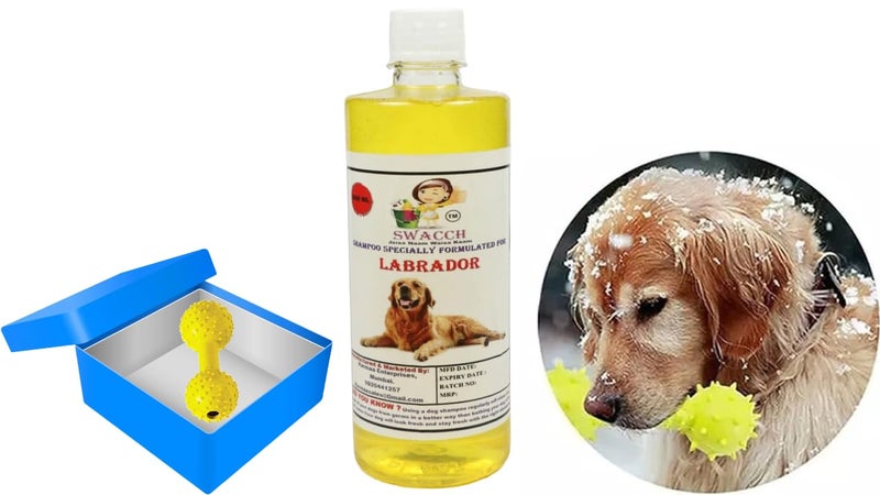 swacch Labrador Dog Shampoo + Dumbbell Toy I Durable Rubber Dog Toy for Chewing I Playing,Teeth Cleaning & Training Toy I Combo Pack I 500ml Lemon - Image 1