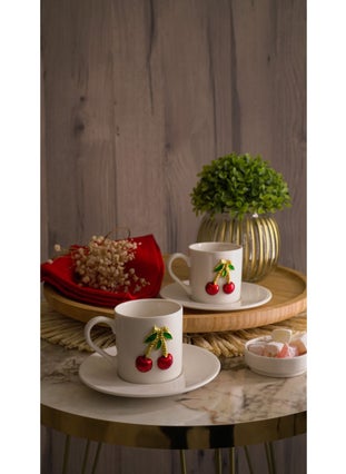 Kitchen Life مجموعة أكواب قهوة بورسلين كرز لشخصين مكونة من 4 قطع سعة 100 مل - كوب قهوة كرز  - Image 1