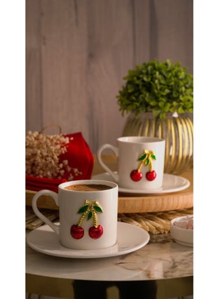Kitchen Life مجموعة أكواب قهوة بورسلين كرز لشخصين مكونة من 4 قطع سعة 100 مل - كوب قهوة كرز  - Image 5