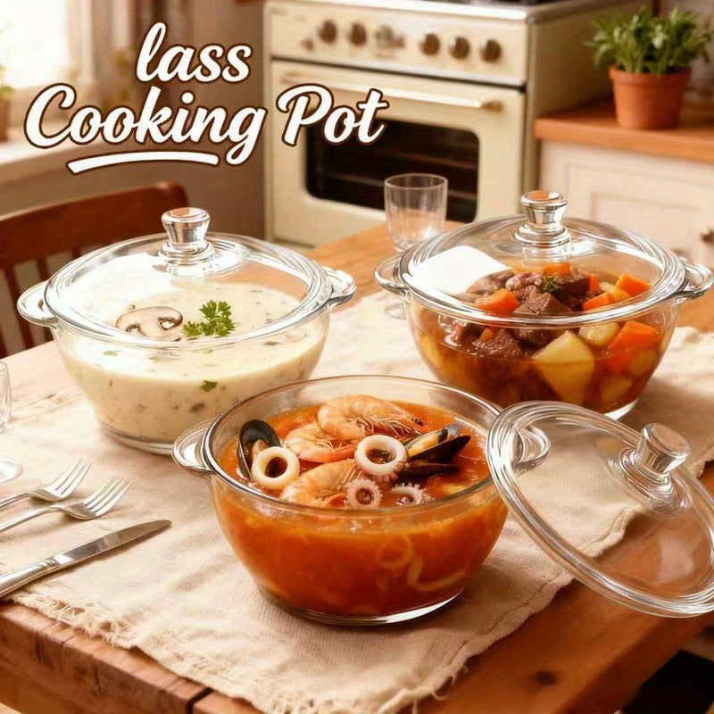 Glass Cooking Pot with Lid 1000ml Capacity Microwave and Oven Safe for Home Kitchen Use - Image 1