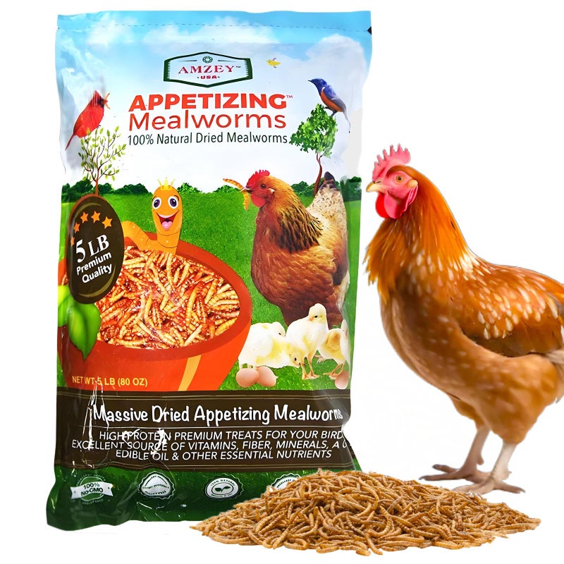 Amzey Dried Mealworms 5 LB, 100% Natural Meal Worms for Chicken & Birds, Organic Chicken Feed for Laying Hens, High Protein and Nutrition, Zipped Bag - Image 1