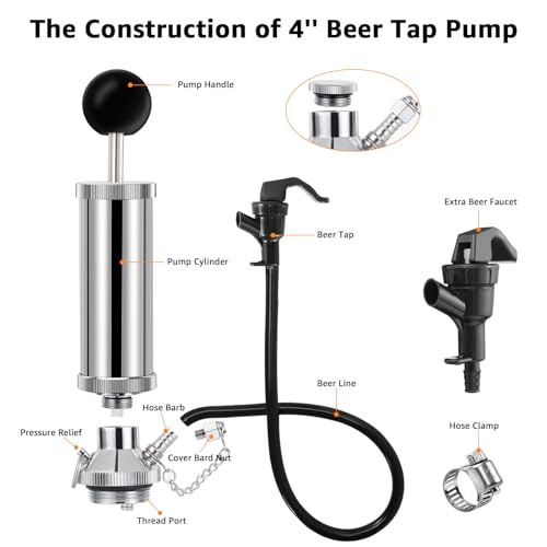 Chciyich 4" Threaded Keg Pump Tap - Mini Keg Dispenser, Mini Beer Keg Growler Tap Kit, Portable Picnic Beer Tap for Home Bar, Party Beer Hand Pump with Beer Hose, 2 Beer Faucet and 2 Hose Clamps - Image 2