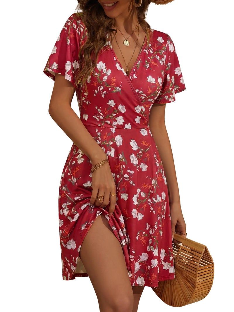 FENSACE Sundresses for Women Over 50 Summer Fit and Flare Tummy Control Elegant Date Night Ladies Dresses(Red White Floral-106,Large) - Image 1