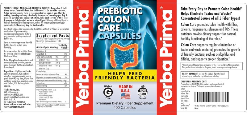 Yerba Prima Prebiotic Colon Care Capsules 400 Caps Pack of 2  Five Forms of Dietary Fiber Supplement  Healthy Soluble  Insoluble Fibers for Regularity  Digestive Support - Image 5
