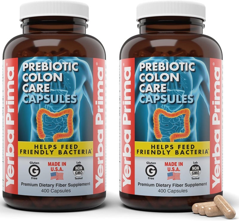 Yerba Prima Prebiotic Colon Care Capsules 400 Caps Pack of 2  Five Forms of Dietary Fiber Supplement  Healthy Soluble  Insoluble Fibers for Regularity  Digestive Support - Image 1