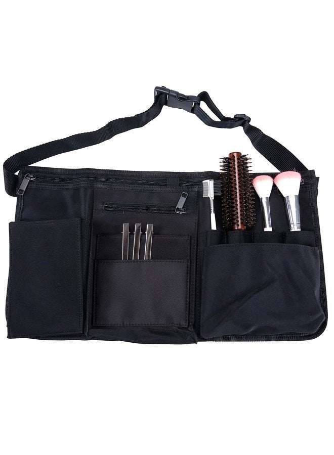 MyGift Professional Black Salon Apron, Makeup Artist Cosmetic Canvas Waist Apron, Multiple Pocket Brush Bag Organizer  - Image 1