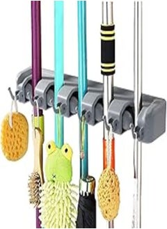 KASTWAVE KASTWAVE Broom Mop Holder, Heavy Duty Wall Mounted Mop Clip Hangers Broom Storage Tidy Organizer with 5 Racks 6 Retractable Hooks Holds up to 11 Tools Perfect for Brush Kitchen Bathroom Office Garden 