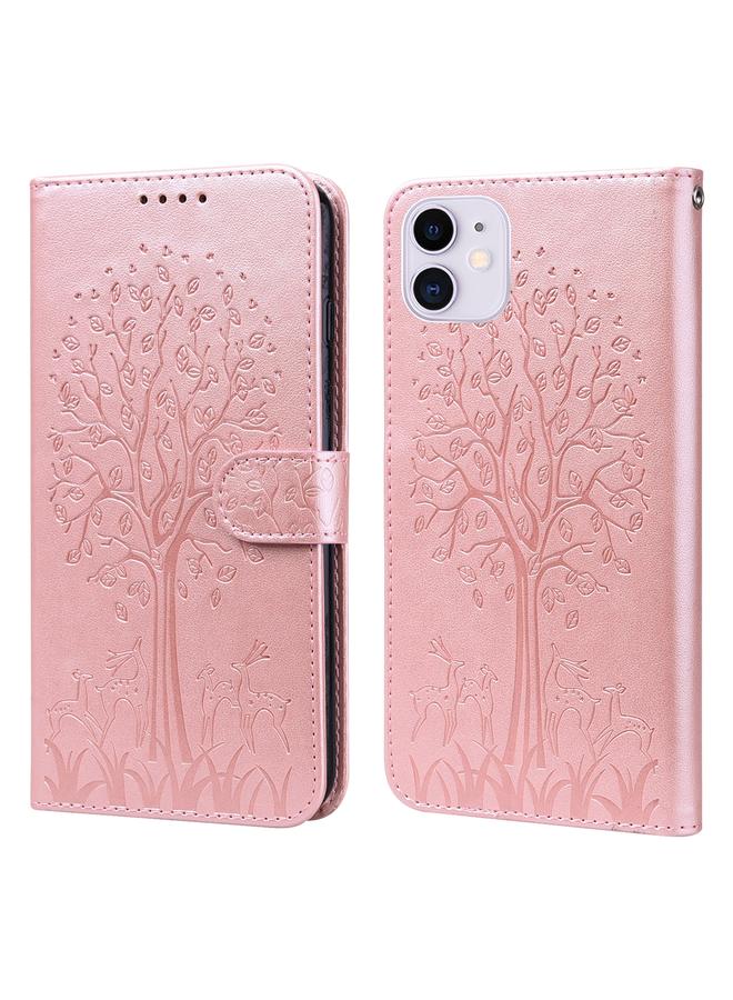 زبون جراب لهاتف iPhone 12 mini / 13 mini، جراب هاتف جلدي أفقي قابل للطي بطباعة شجرة وغزال مضغوط - Image 1