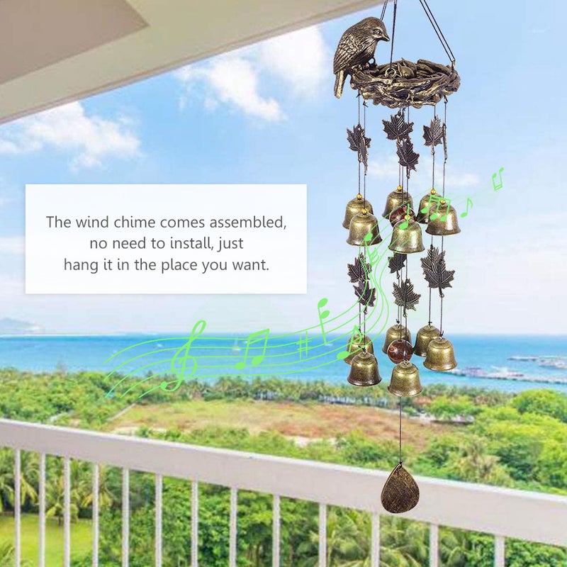 Bird Wind Chimes Vintage Bird Nest Outdoor Windbells 12 Bell Chimes Mama Bird with Baby Birds Hanging Decor for Backyard Porch Balcony Patio Garden - Image 3