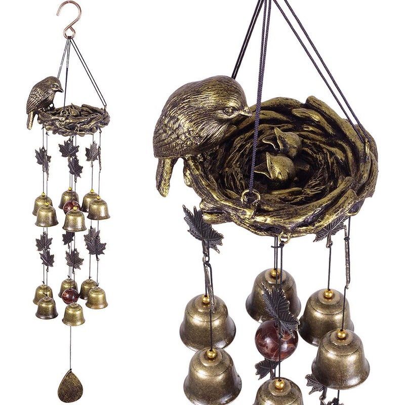 Bird Wind Chimes Vintage Bird Nest Outdoor Windbells 12 Bell Chimes Mama Bird with Baby Birds Hanging Decor for Backyard Porch Balcony Patio Garden - Image 5