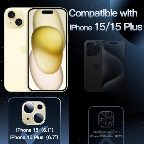 KEKOZE Camera Lens Protector Compatible With iPhone 15 and iPhone 15 Plus � Full Coverage 9H Tempered Glass with Metal Plate, HD Clear, Joint Camera Ring Protector - Gold - Image 2
