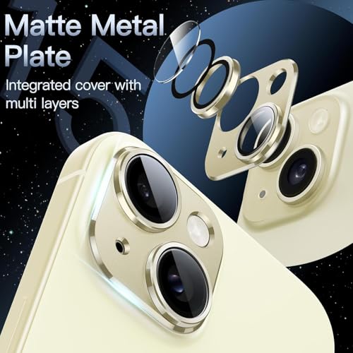 KEKOZE Camera Lens Protector Compatible With iPhone 15 and iPhone 15 Plus � Full Coverage 9H Tempered Glass with Metal Plate, HD Clear, Joint Camera Ring Protector - Gold - Image 3