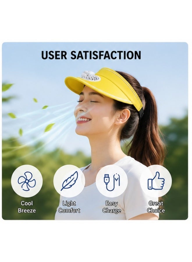 Unisex Summer UV Protection Sun Visor Hat with Built-in Cooling Fan, USB Rechargeable 3-Speed Portable Travel Fan Cap, Adjustable Sporty Open Top Sunshade for Golf, Tennis, Running & Beach - Yellow - Image 2