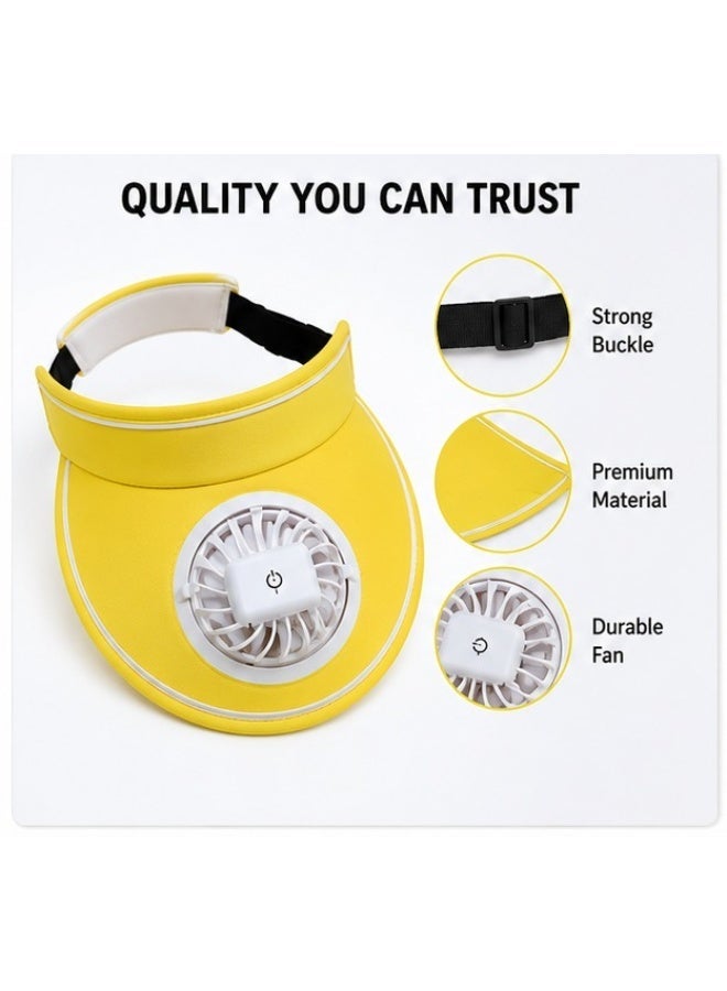 Unisex Summer UV Protection Sun Visor Hat with Built-in Cooling Fan, USB Rechargeable 3-Speed Portable Travel Fan Cap, Adjustable Sporty Open Top Sunshade for Golf, Tennis, Running & Beach - Yellow - Image 3