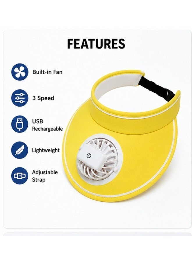 Unisex Summer UV Protection Sun Visor Hat with Built-in Cooling Fan, USB Rechargeable 3-Speed Portable Travel Fan Cap, Adjustable Sporty Open Top Sunshade for Golf, Tennis, Running & Beach - Yellow - Image 5