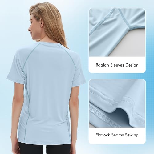 Riverruns Women's Swim Shirt Short Sleeve Rash Guard UPF 50+ UV Protection Quick Dry Athletic Yoga Workout T-Shirt Running Gym Tee(Light Blue, M) - Image 3
