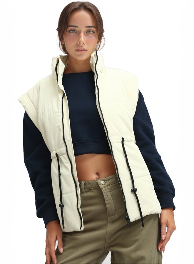 RAVIN Sleeveless Bomber Jacket With Drawsting - Light Beige  - Image 1