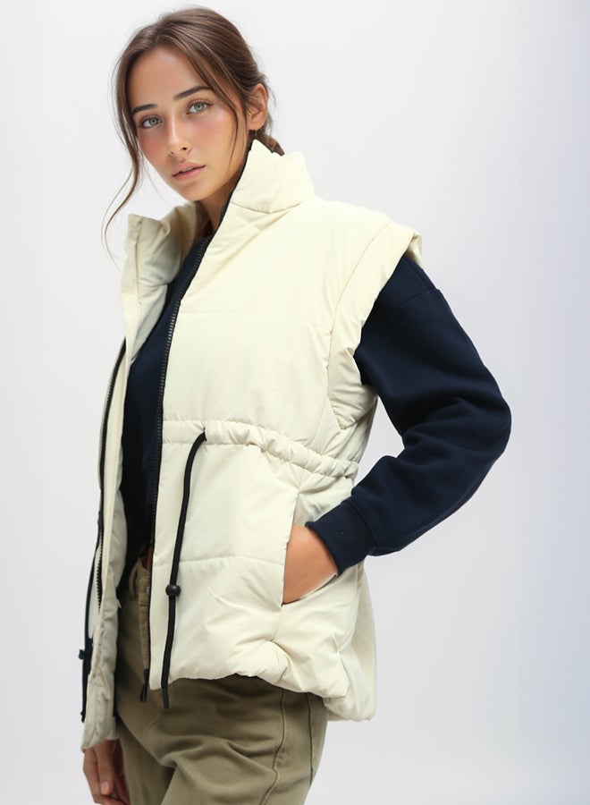 RAVIN Sleeveless Bomber Jacket With Drawsting - Light Beige  - Image 3