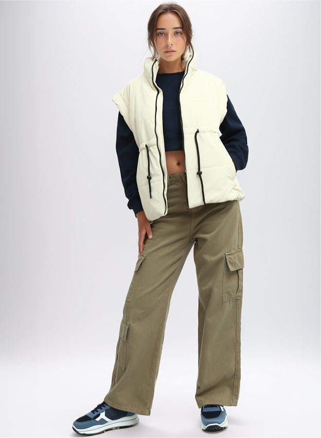 RAVIN Sleeveless Bomber Jacket With Drawsting - Light Beige  - Image 5