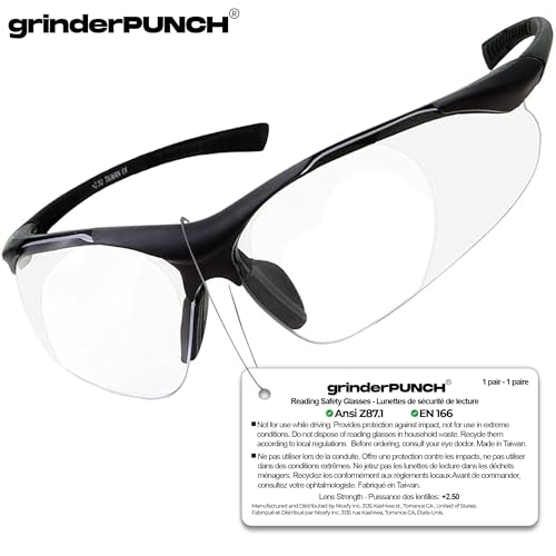 grinderPUNCH نظارات أمان مع عدسات مكبرة كاملة مع إطار أسود | عدسة شفافة | | نظارات قراءة مكبرة (+2.50 ديوبتر) - Image 5
