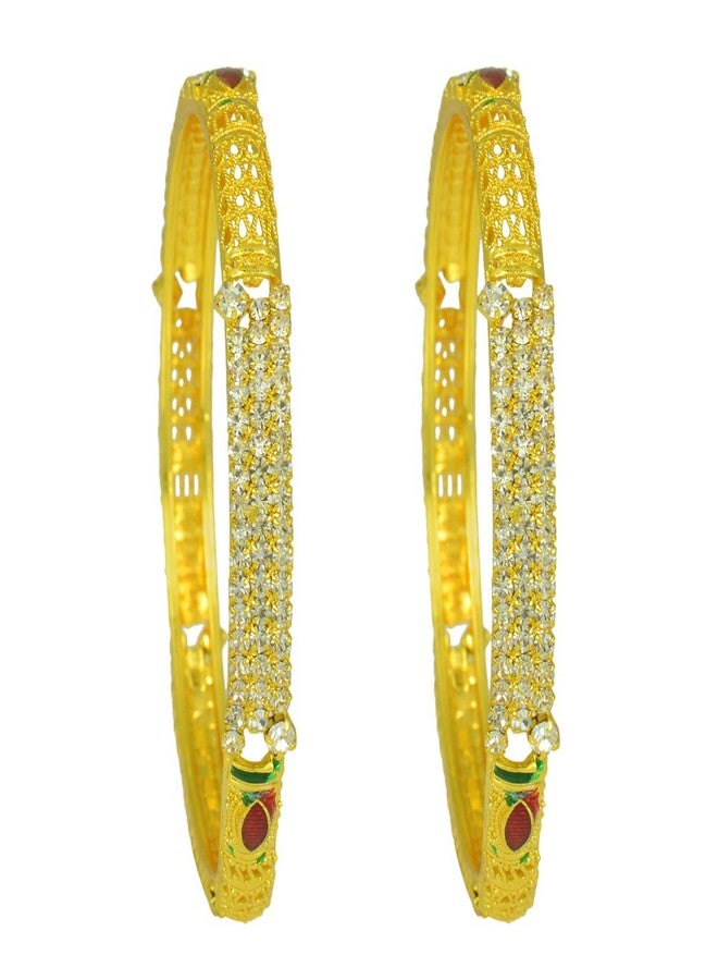 Memoir Gold plated CZ studded Meenakari Ethnic Traditional Wedding Bridal wear Kada Bangle set for Women (Size: 2.8) - Image 3