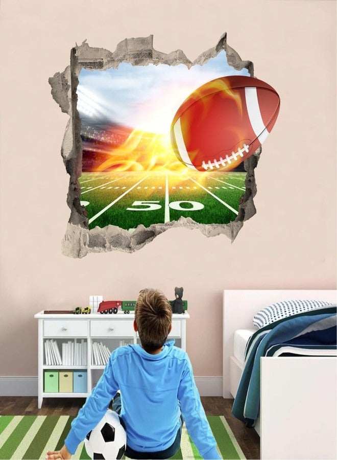 YIMEHDAN Large 3D Rugby Wall Decals (31.5”x22.4”), Football Break Through The Wall Vinyl Wall Stickers for Football Lover, Removable Sport Artwork for Boys Playroom Bedroom Decor - Image 1