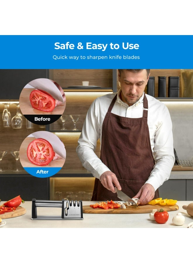 سكينة مسن سكاكين، مبرد سكاكين 4 في 1 لسكاكين المطبخ والمقصات، نظام شحذ السكاكين من الفولاذ المقاوم للصدأ يعمل حقًا مع السكاكين ذات النصل والفولاذ والمقصات مسن سكين الجيب اليدوية - Image 4