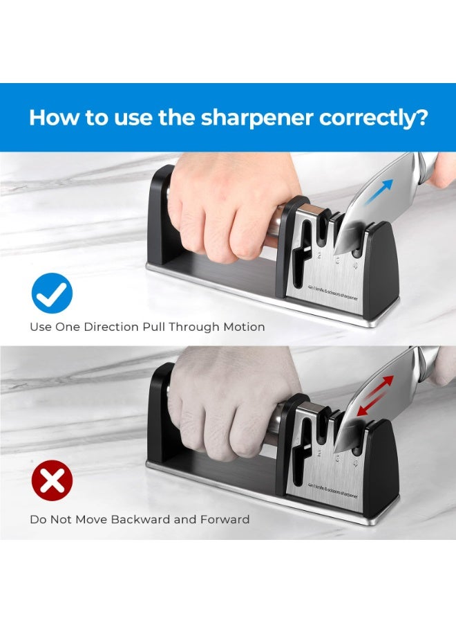 سكينة مسن سكاكين، مبرد سكاكين 4 في 1 لسكاكين المطبخ والمقصات، نظام شحذ السكاكين من الفولاذ المقاوم للصدأ يعمل حقًا مع السكاكين ذات النصل والفولاذ والمقصات مسن سكين الجيب اليدوية - Image 3