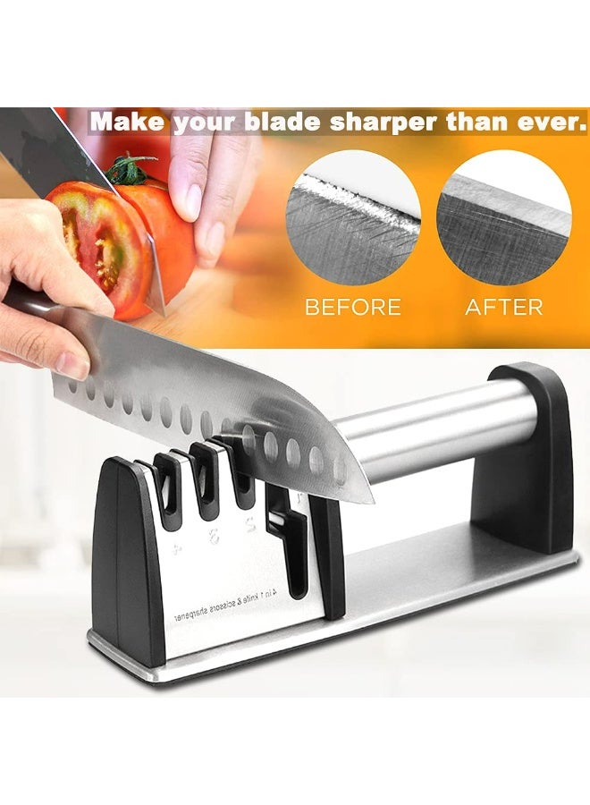 سكينة مسن سكاكين، مبرد سكاكين 4 في 1 لسكاكين المطبخ والمقصات، نظام شحذ السكاكين من الفولاذ المقاوم للصدأ يعمل حقًا مع السكاكين ذات النصل والفولاذ والمقصات مسن سكين الجيب اليدوية - Image 5