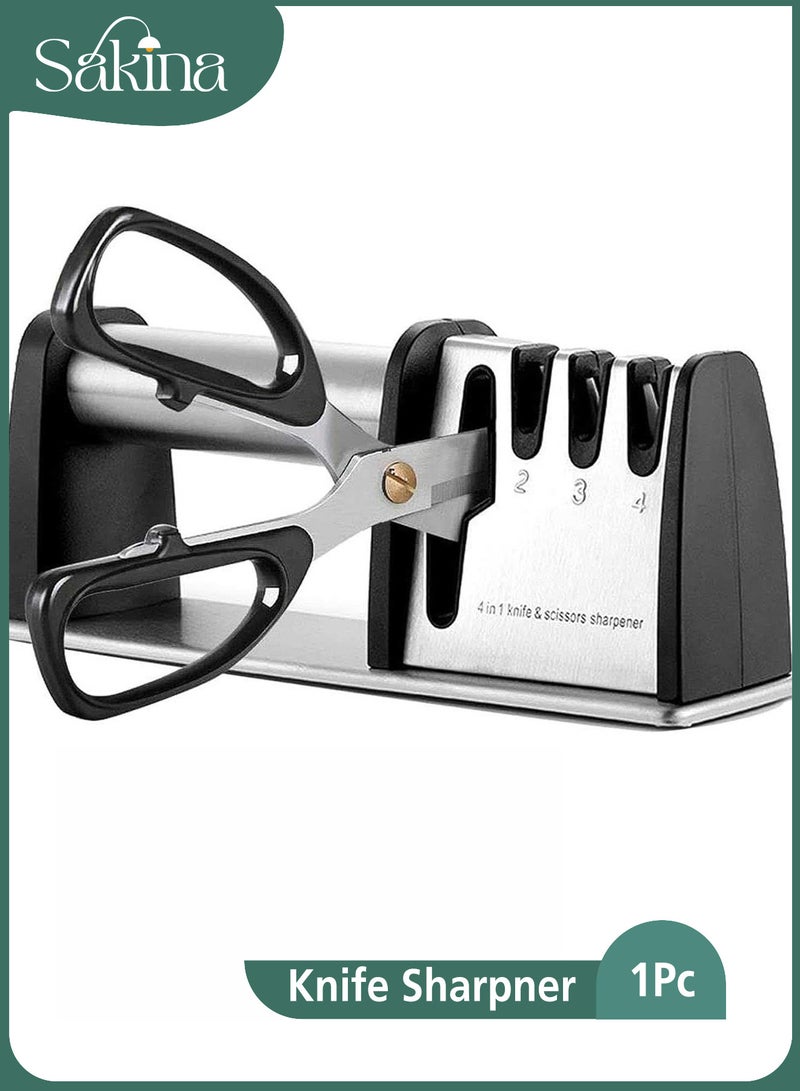 سكينة مسن سكاكين، مبرد سكاكين 4 في 1 لسكاكين المطبخ والمقصات، نظام شحذ السكاكين من الفولاذ المقاوم للصدأ يعمل حقًا مع السكاكين ذات النصل والفولاذ والمقصات مسن سكين الجيب اليدوية - Image 1