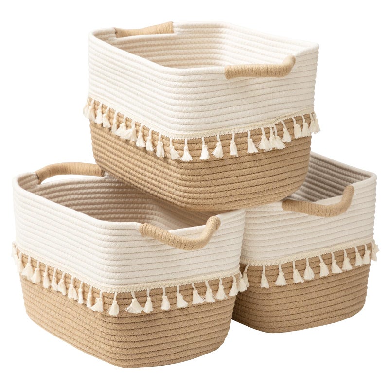 TeoKJ Woven Storage Bin Set of 3 Cotton Rope Basket for Storage Clothes Boho Basket Bin for Organizing Fabric Basket for Books Plants Pet Treats White  Jute