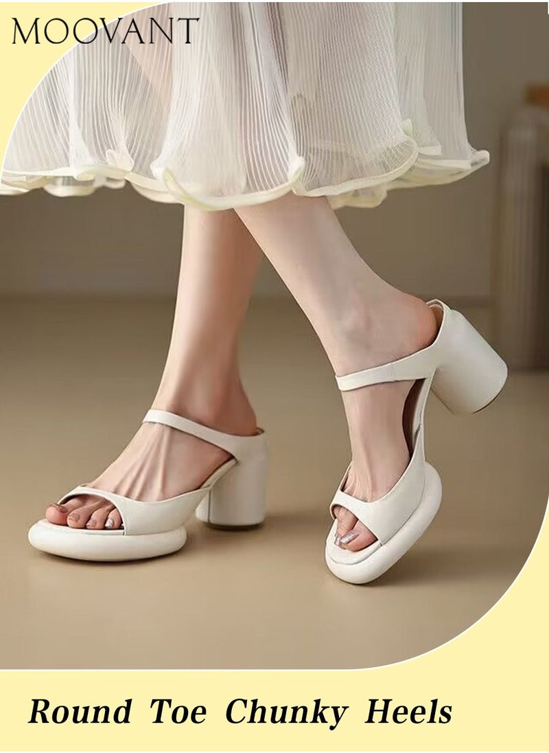 Moovant - Fashion Ladies' Chunky Heels, Comfortable Heeled Sandals, White Sandals, Round heel, Open Toe, Slip On, Women's Summer Shoes - Image 1