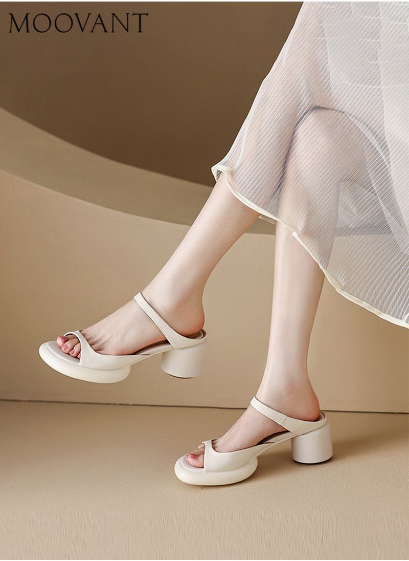 Moovant - Fashion Ladies' Chunky Heels, Comfortable Heeled Sandals, White Sandals, Round heel, Open Toe, Slip On, Women's Summer Shoes - Image 1