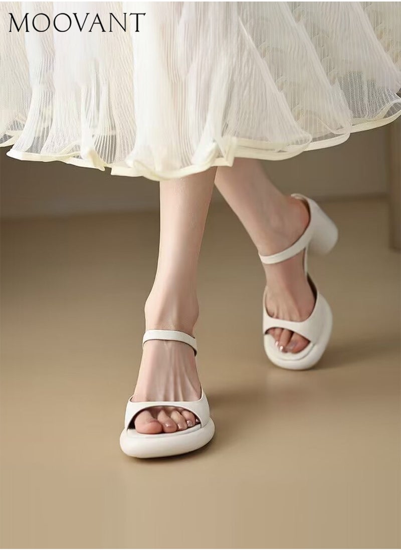Moovant - Fashion Ladies' Chunky Heels, Comfortable Heeled Sandals, White Sandals, Round heel, Open Toe, Slip On, Women's Summer Shoes - Image 1