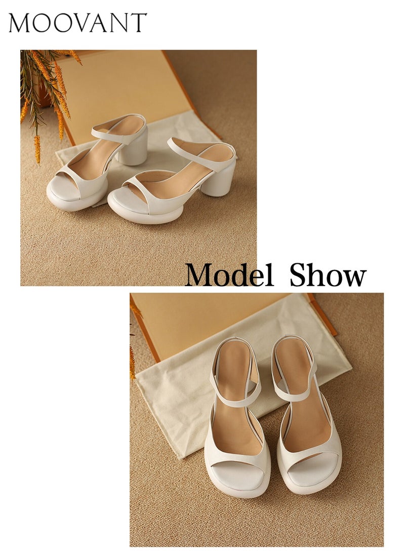 Moovant - Fashion Ladies' Chunky Heels, Comfortable Heeled Sandals, White Sandals, Round heel, Open Toe, Slip On, Women's Summer Shoes - Image 1