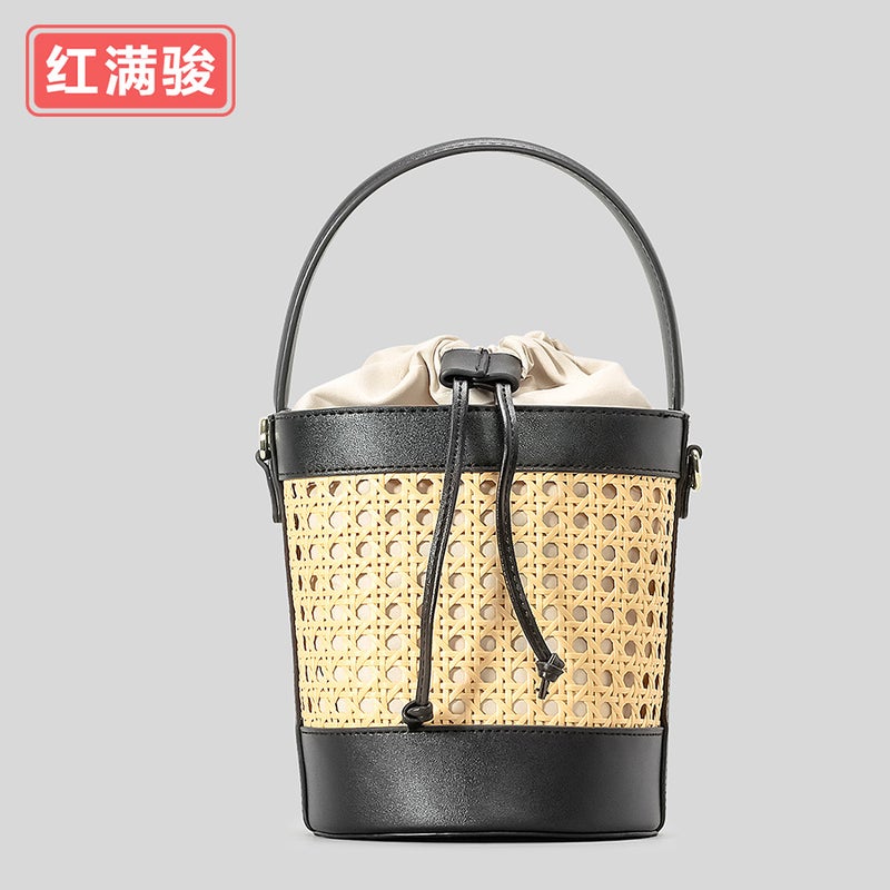 New Handmade Woven Rattan Bucket Bag Women'S Seaside Vacation Hollow Drawstring Handbag Niche Shoulder Crossbody Bag - Image 1