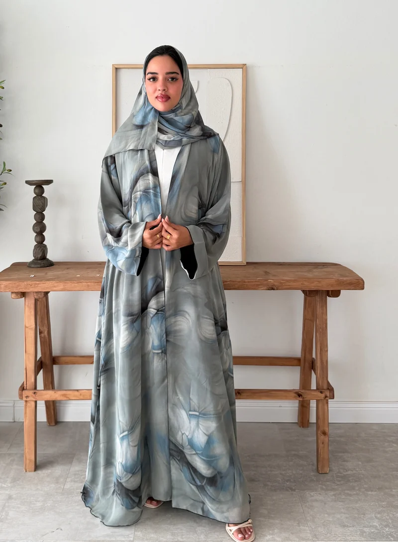 Lusin Abaya Indian Chiffon Abaya with Smoky Wave Print – Grey