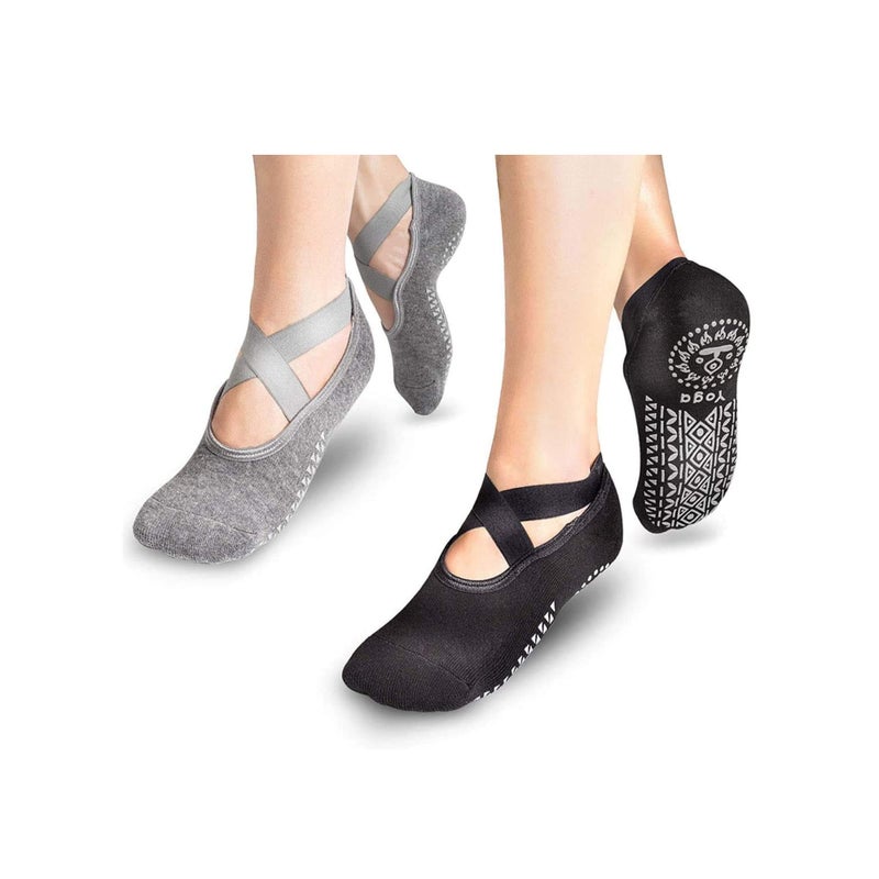 SOLARAE جوارب يوغا نسائية 2 عبوة جوارب بيلاتيس غير قابلة للانزلاق مضادة للانزلاق لرقص الباليه مع قبضة للتمارين الرياضية - Image 1