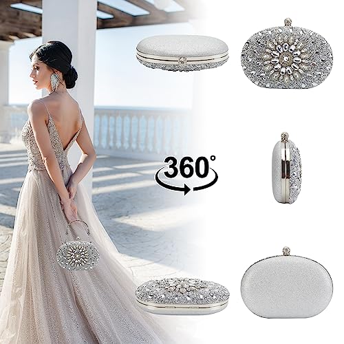 Suhatjia Rhinestone Clutch Purses for Women, Party Pearl Purses for Evening Weddings, Silver Evening Clutch - Image 2