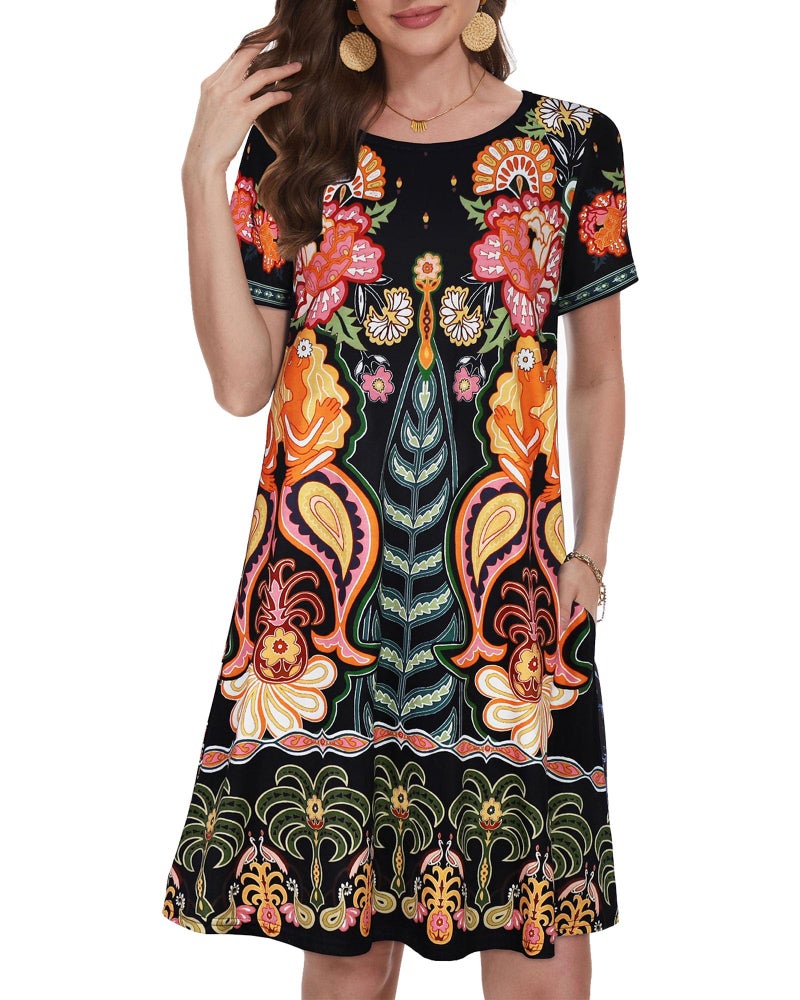 elescat Sun Dress Cotton Loose Fit Short Sleeve Sundress Women Fashion Swing Tunic Dress (Yellow Flower,2XL) - Image 4