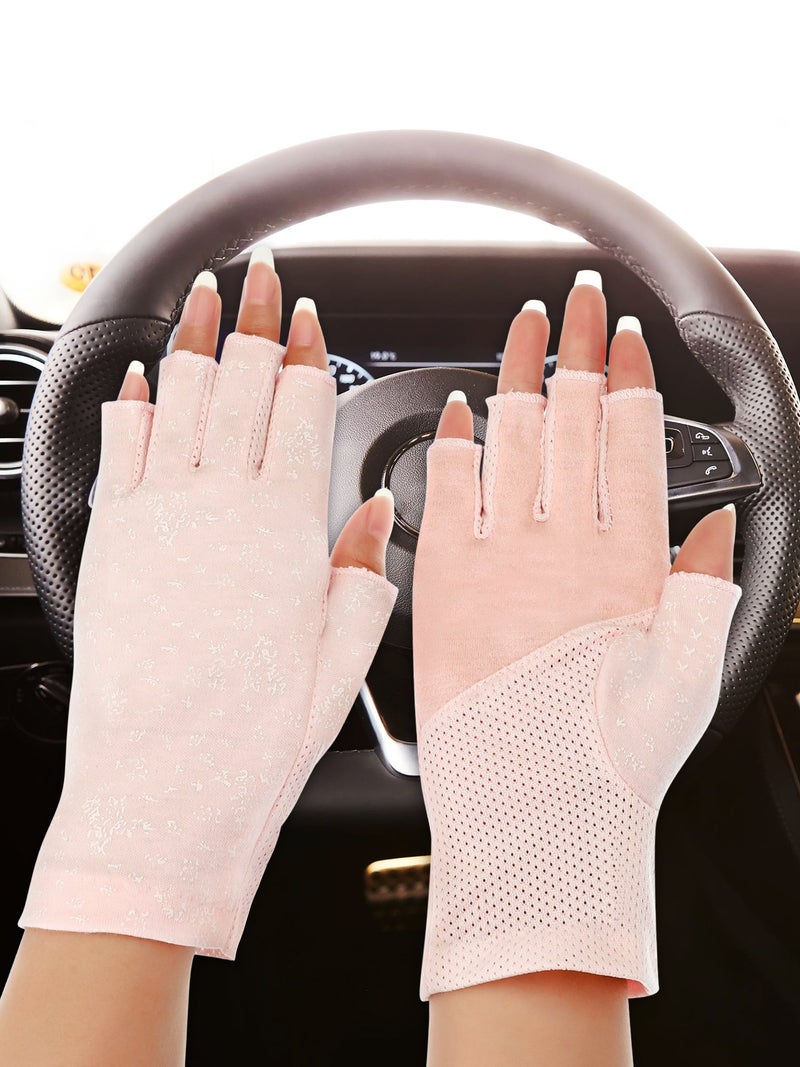 Maxdot 2 Pairs Women Sunblock Fingerless Gloves UV Protection Driving Gloves Summer Mitten Non Slip for Outdoor Cycling Manicures (Pink,Khaki) - Image 4