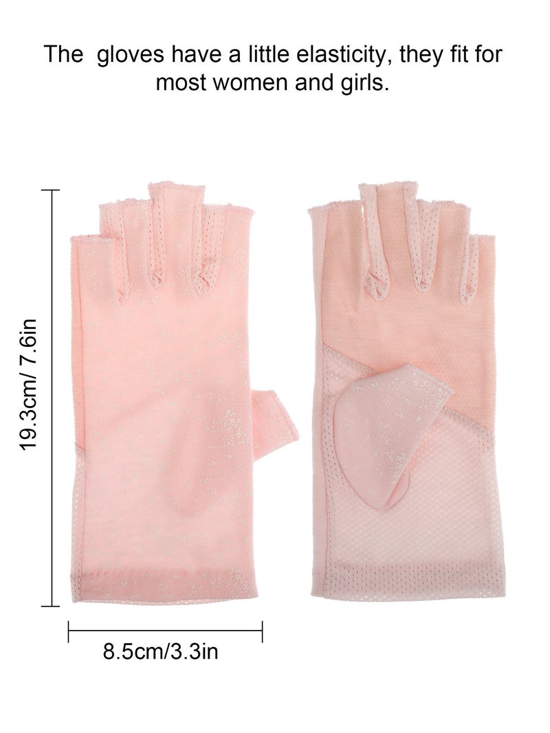 Maxdot 2 Pairs Women Sunblock Fingerless Gloves UV Protection Driving Gloves Summer Mitten Non Slip for Outdoor Cycling Manicures (Pink,Khaki) - Image 2