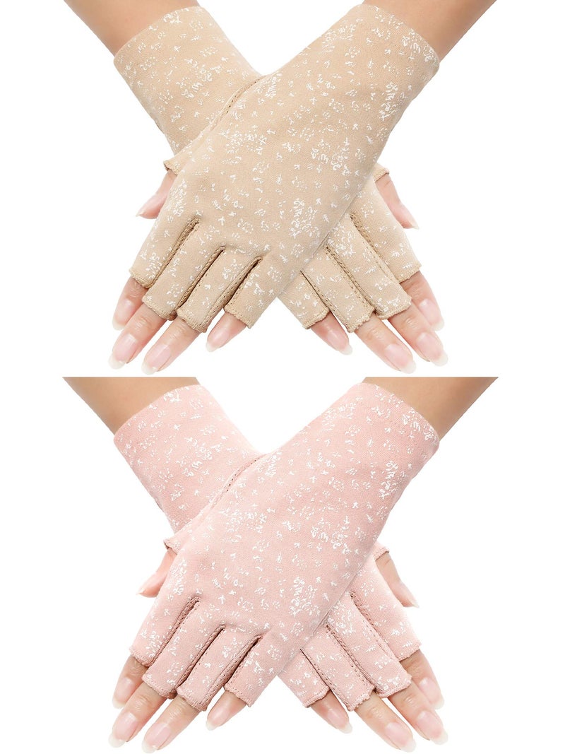 Maxdot 2 Pairs Women Sunblock Fingerless Gloves UV Protection Driving Gloves Summer Mitten Non Slip for Outdoor Cycling Manicures (Pink,Khaki) - Image 1