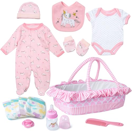 TatuDoll 13 Pcs Set Reborn Baby Dolls Clothes with Pink Love Bassinet for 1722 Inch Reborn Baby DollsUnicorn Realistic Babydoll Accessories Outfit fit Newborn Babydoll Girl Children Pretend Play Set - Image 1