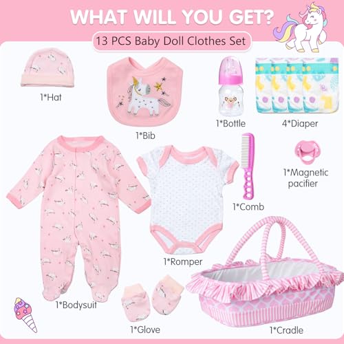 TatuDoll 13 Pcs Set Reborn Baby Dolls Clothes with Pink Love Bassinet for 1722 Inch Reborn Baby DollsUnicorn Realistic Babydoll Accessories Outfit fit Newborn Babydoll Girl Children Pretend Play Set - Image 5