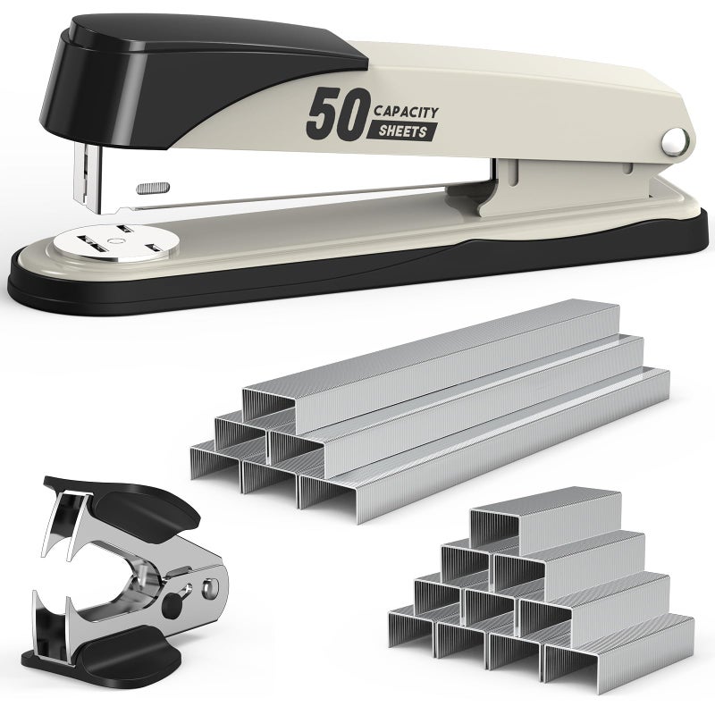 Swihauk Metal Stapler Heavy Duty 50 Sheet Capacity with 1750 Staples and Staple Remover, Full Strip Staplers for Desk, No Jam, Non-Slip for Office & Classroom, White - Image 1